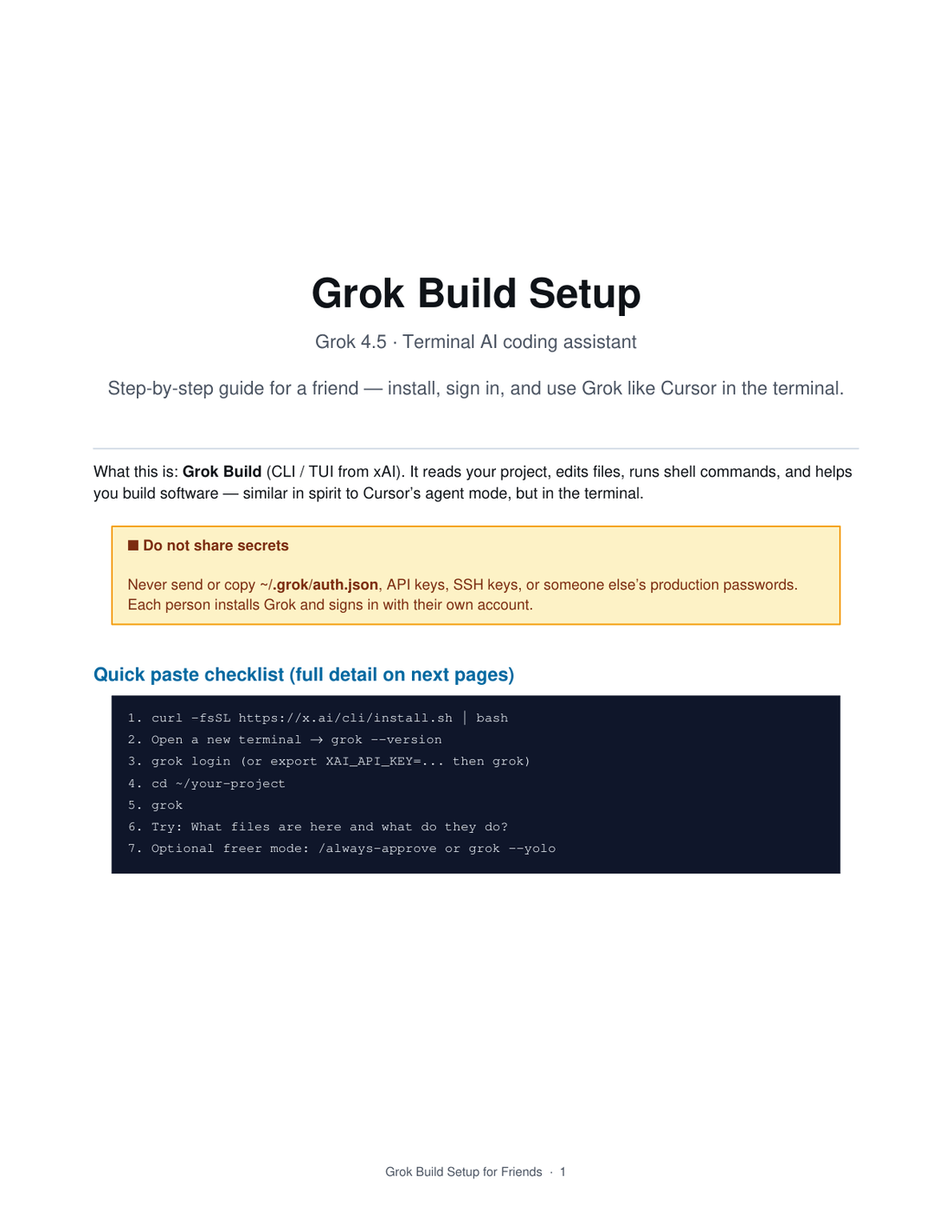 Cover page of the Grok Build Quick Start PDF showing the safety warning and a seven-step copy-and-paste checklist.