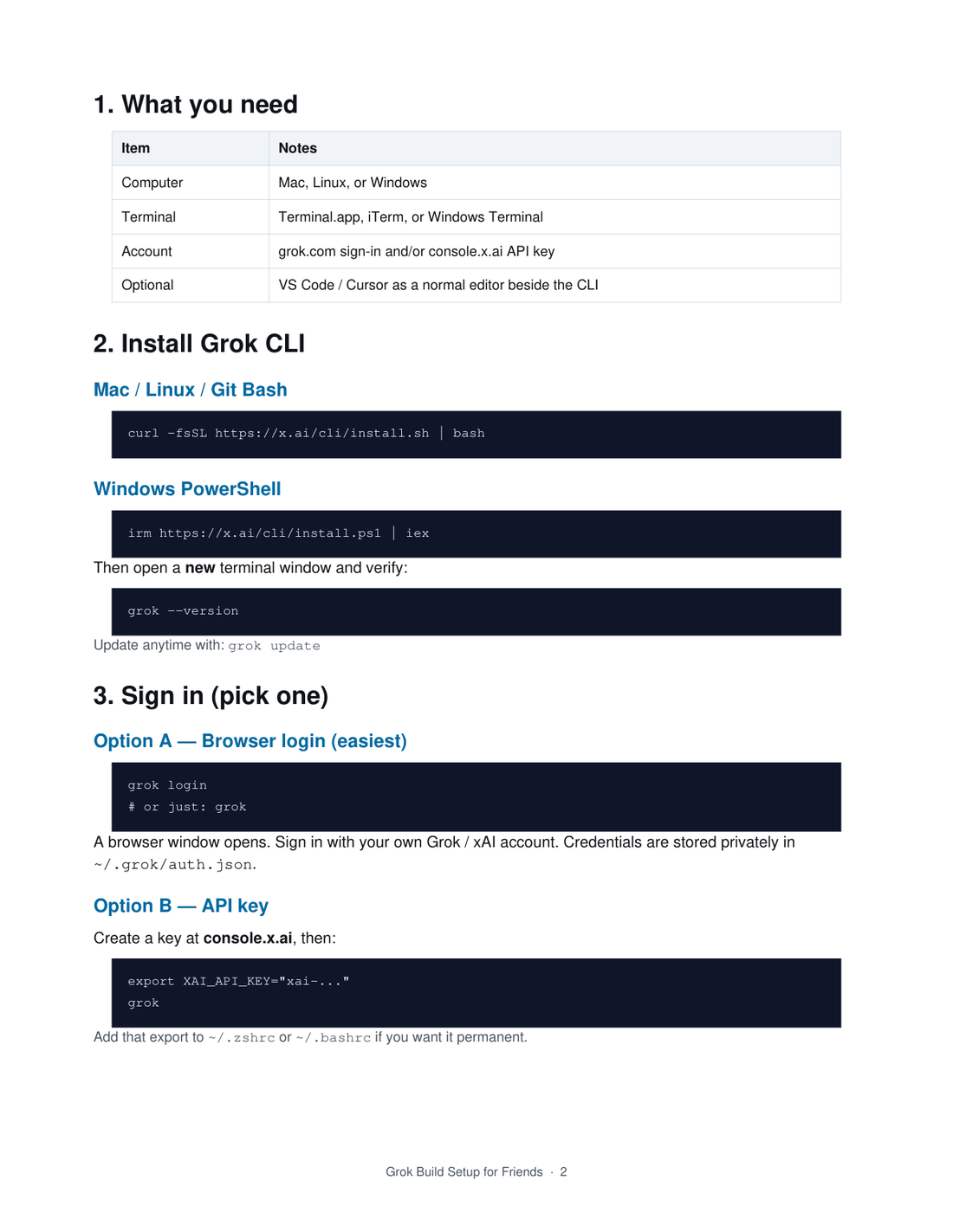 PDF page 2: install commands for Mac, Linux, Git Bash, and Windows PowerShell, plus browser login and API-key sign-in.