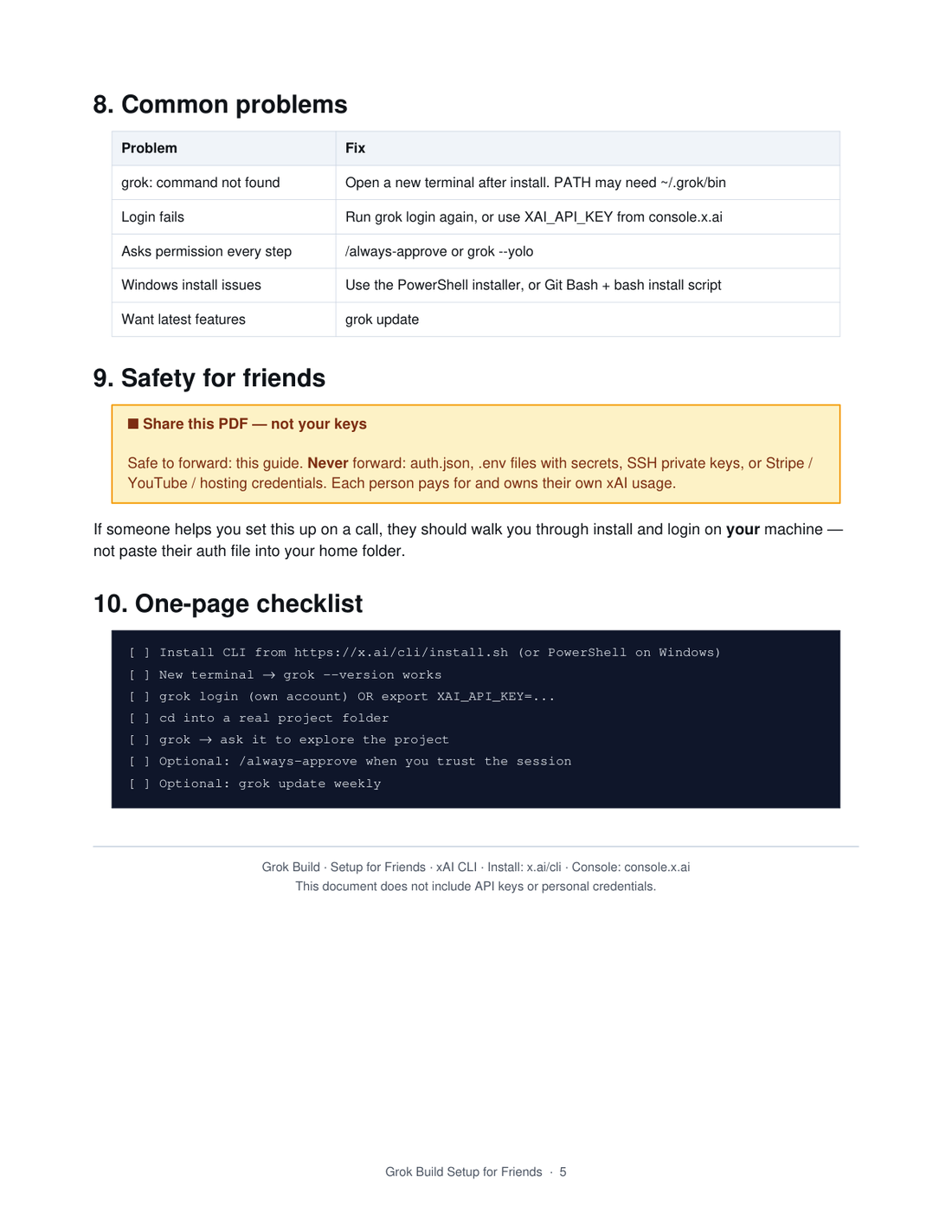 PDF page 5: common problems table, credential-safety reminder, and a one-page setup checklist.